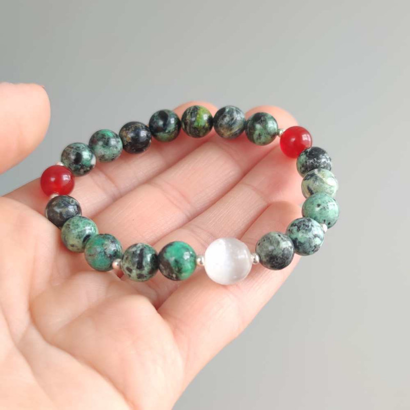 Multi Stone Bracelet , 8mm Variscite , Selenite & Agate Stones Bracelet