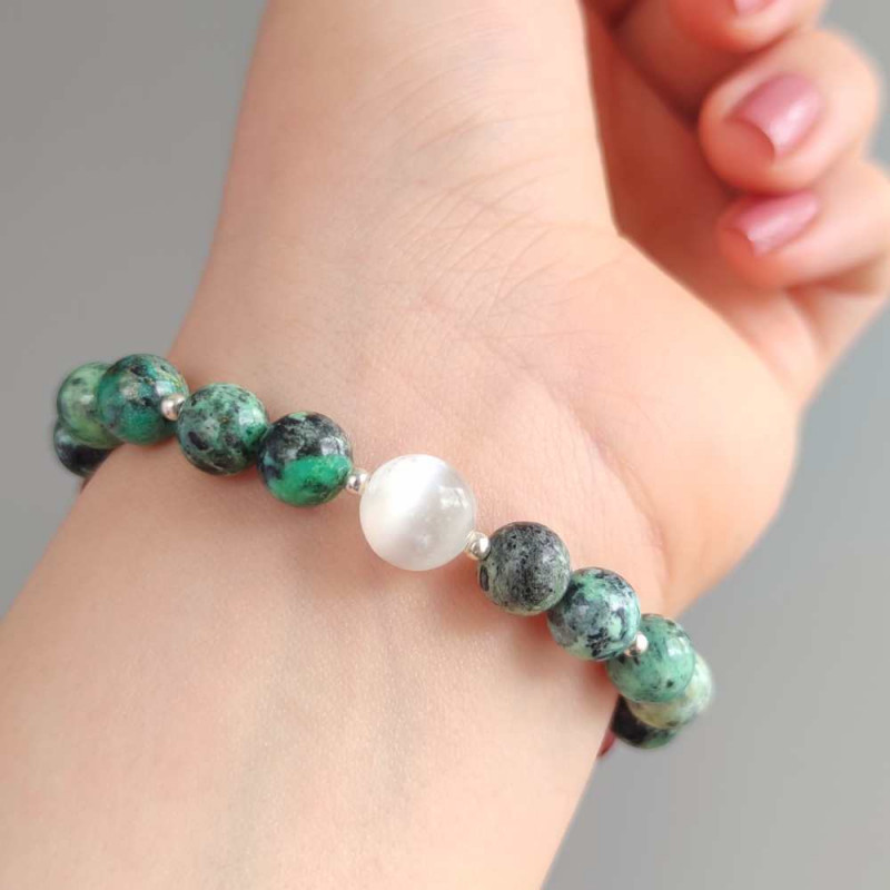 Multi Stone Bracelet , 8mm Variscite , Selenite & Agate Stones Bracelet