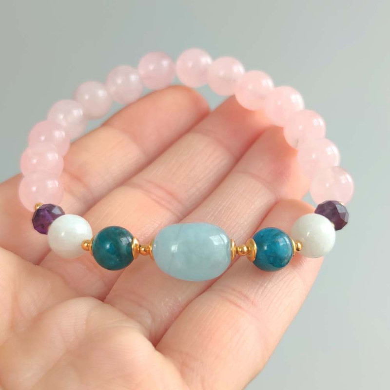 Multi Stone Bracelet , 8mm Rose Quartz , Moonstone , Apatite , Aquamarine & Amethyst Stone Bracelet