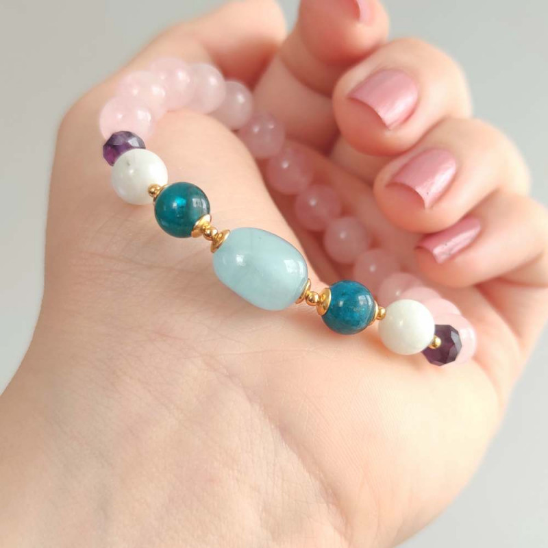 Multi Stone Bracelet , 8mm Rose Quartz , Moonstone , Apatite , Aquamarine & Amethyst Stone Bracelet