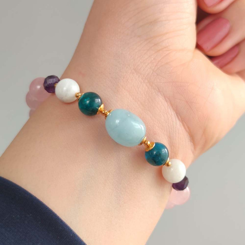 Multi Stone Bracelet , 8mm Rose Quartz , Moonstone , Apatite , Aquamarine & Amethyst Stone Bracelet