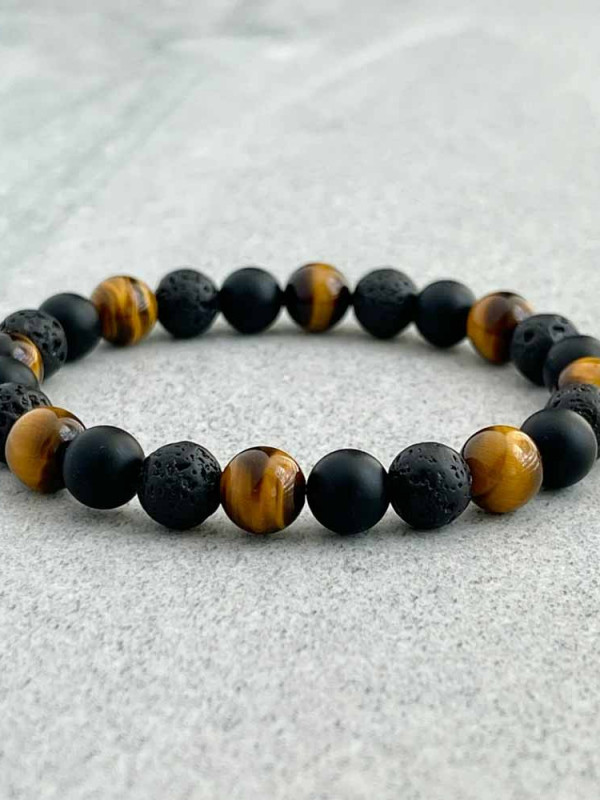 Multi Stone Bracelet , 8mm Natural Tiger Eye , Lava & Onyx Stone Bracelet