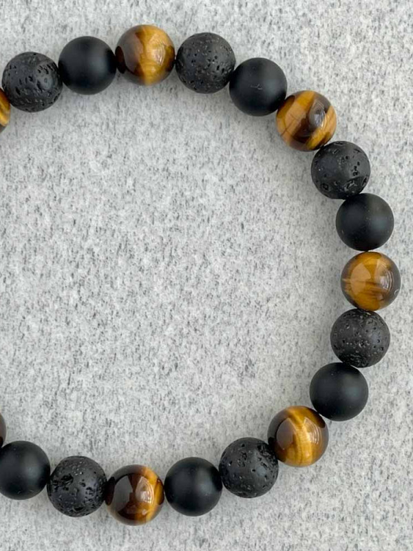 Multi Stone Bracelet , 8mm Natural Tiger Eye , Lava & Onyx Stone Bracelet