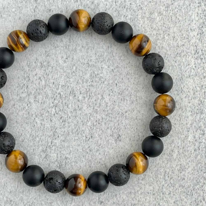 Multi Stone Bracelet , 8mm Natural Tiger Eye , Lava & Onyx Stone Bracelet