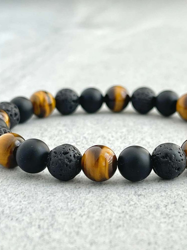 Multi Stone Bracelet , 8mm Natural Tiger Eye , Lava & Onyx Stone Bracelet