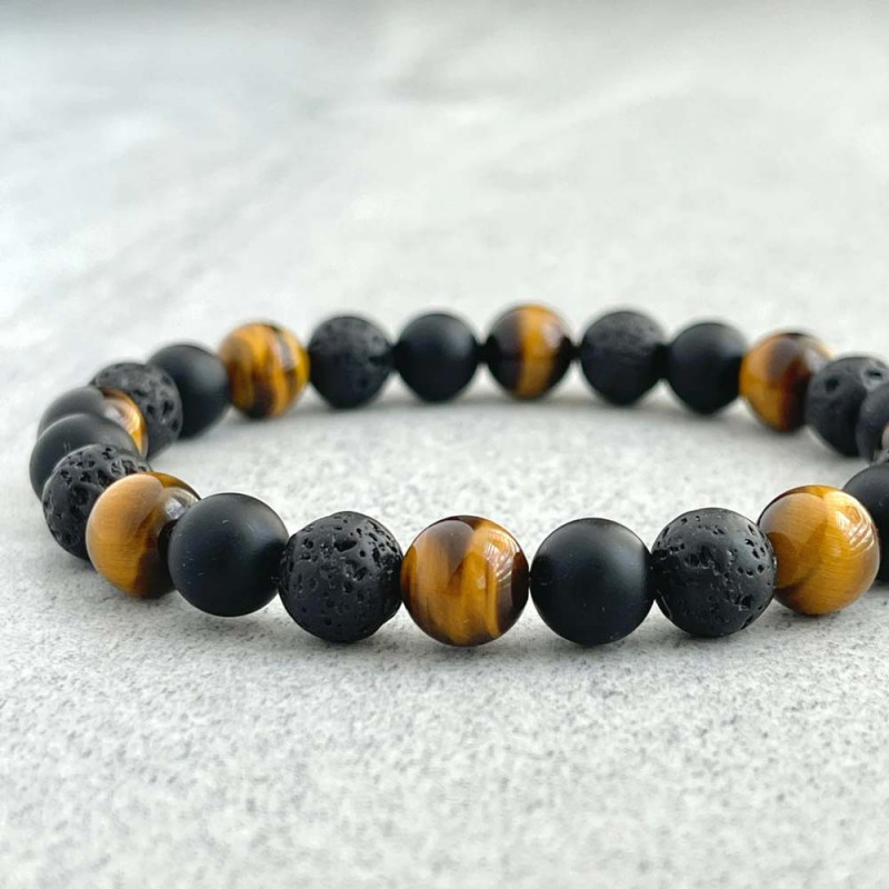 Multi Stone Bracelet , 8mm Natural Tiger Eye , Lava & Onyx Stone Bracelet