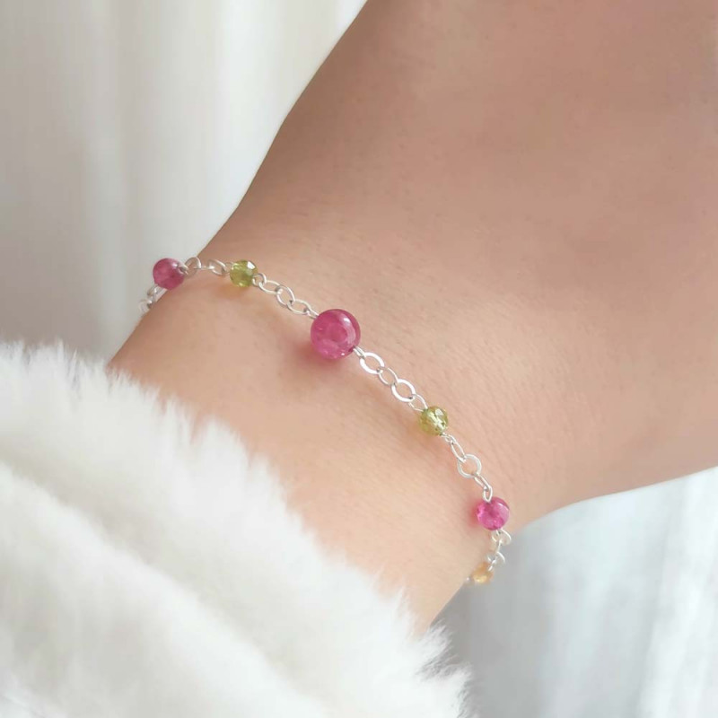 Multi Stone Bracelet , 925 Sterilng Silver Natural Peridot Stone & Red Ruby Stones Bracelet  - No: BR0300