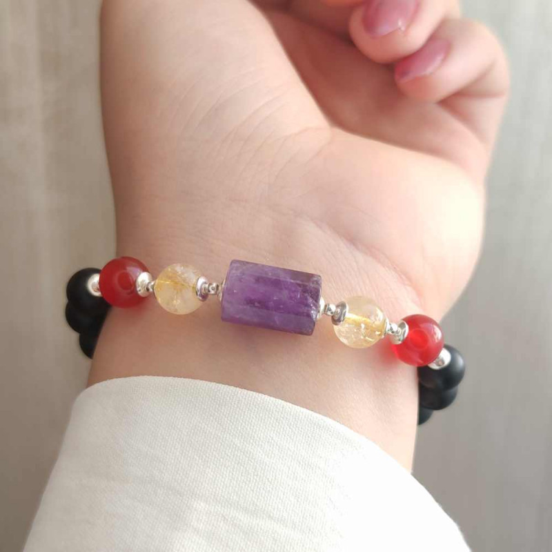 Multi Stone Bracelet , 8mm Black Onyx , Agate , Citrine & Amethyst Stone Bracelet