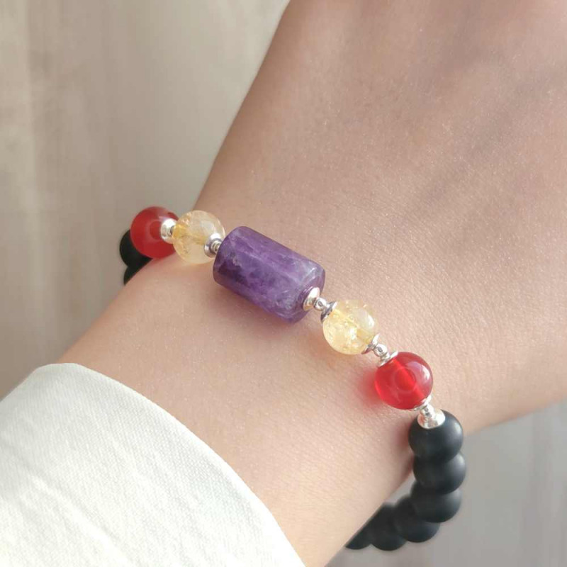 Multi Stone Bracelet , 8mm Black Onyx , Agate , Citrine & Amethyst Stone Bracelet