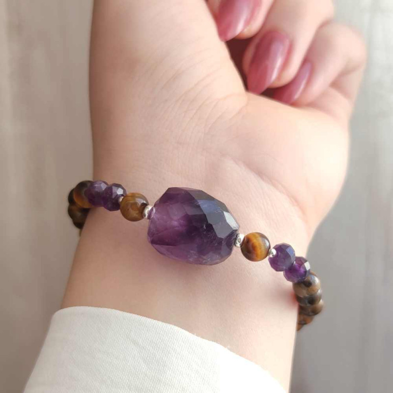 Multi Stone Bracelet , 8mm Natural Tiger Eye & Amethyst Stone Bracelet