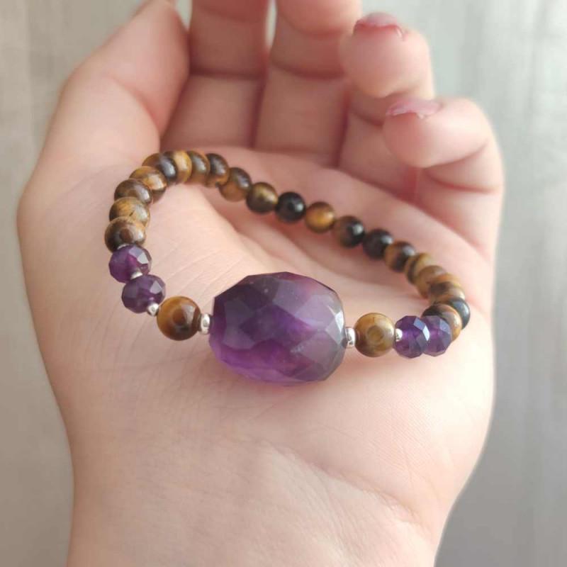 Multi Stone Bracelet , 8mm Natural Tiger Eye & Amethyst Stone Bracelet