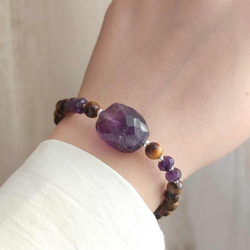 Multi Stone Bracelet , 8mm Natural Tiger Eye & Amethyst Stone Bracelet