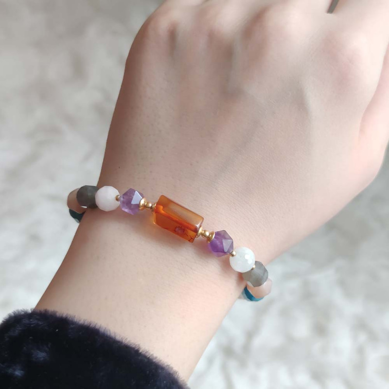 Multi Stone Bracelet , Amber  , Apatite , Moonstone , Labradorite , Rose Quartz , Botswana Agate , Sun stone , Amethyst