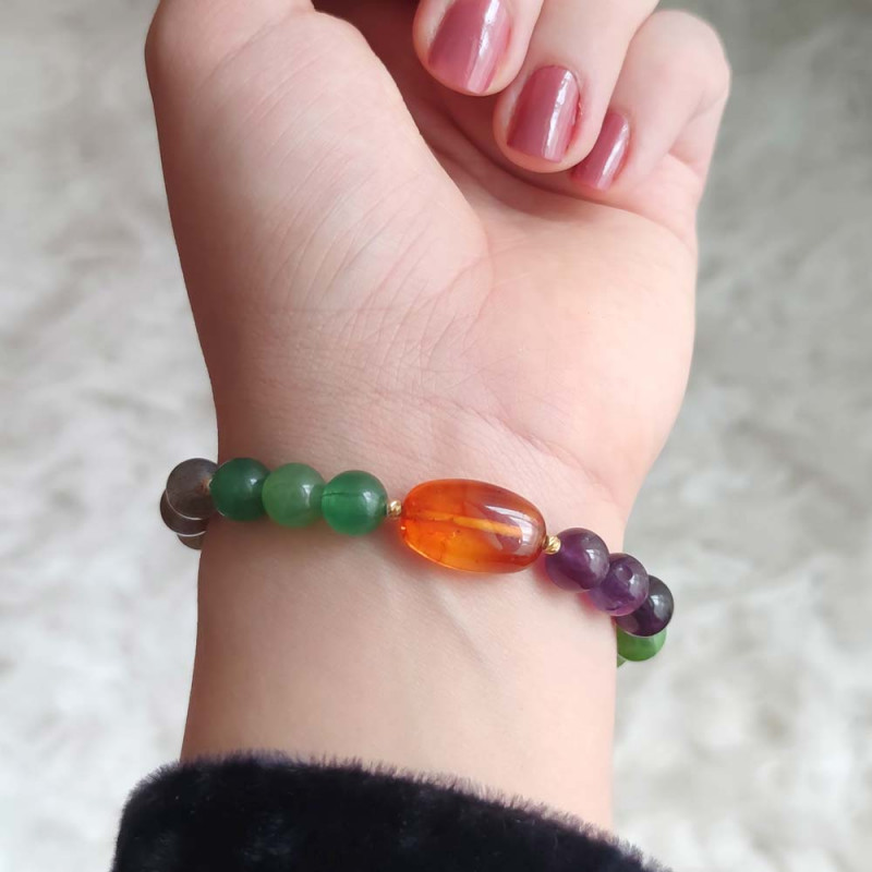 Seven Chakras Bracelet , Red Agate , Jade Stone , Amethyst , Amber , Labradorite , Green Agate , Tiger Eye