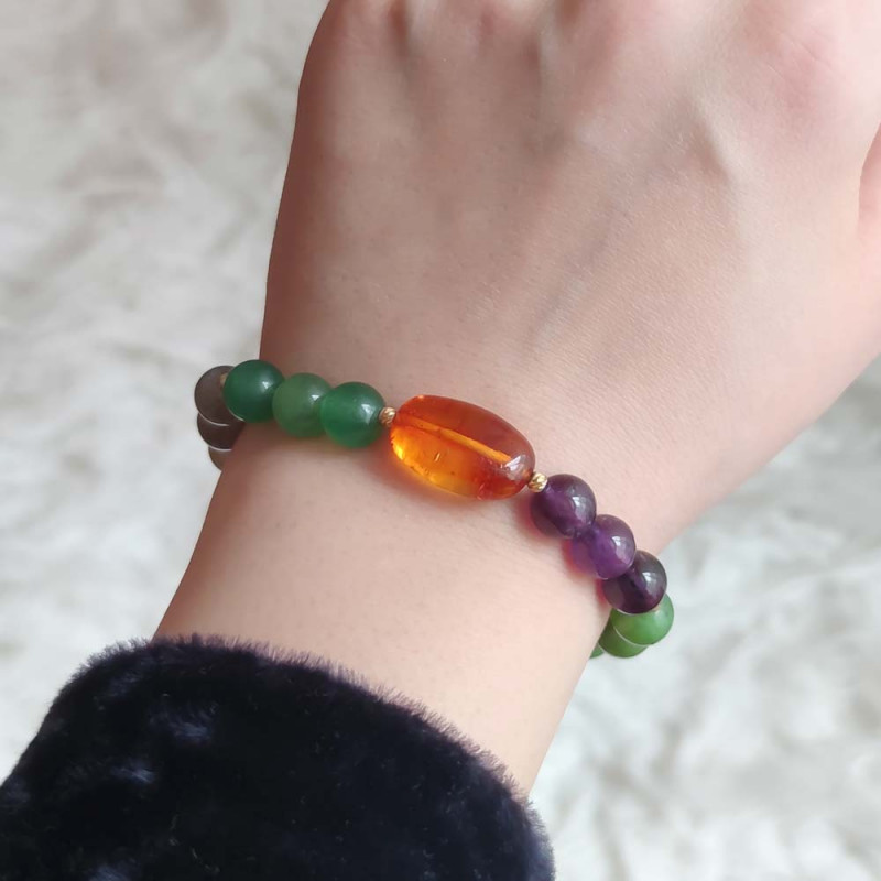 Seven Chakras Bracelet , Red Agate , Jade Stone , Amethyst , Amber , Labradorite , Green Agate , Tiger Eye