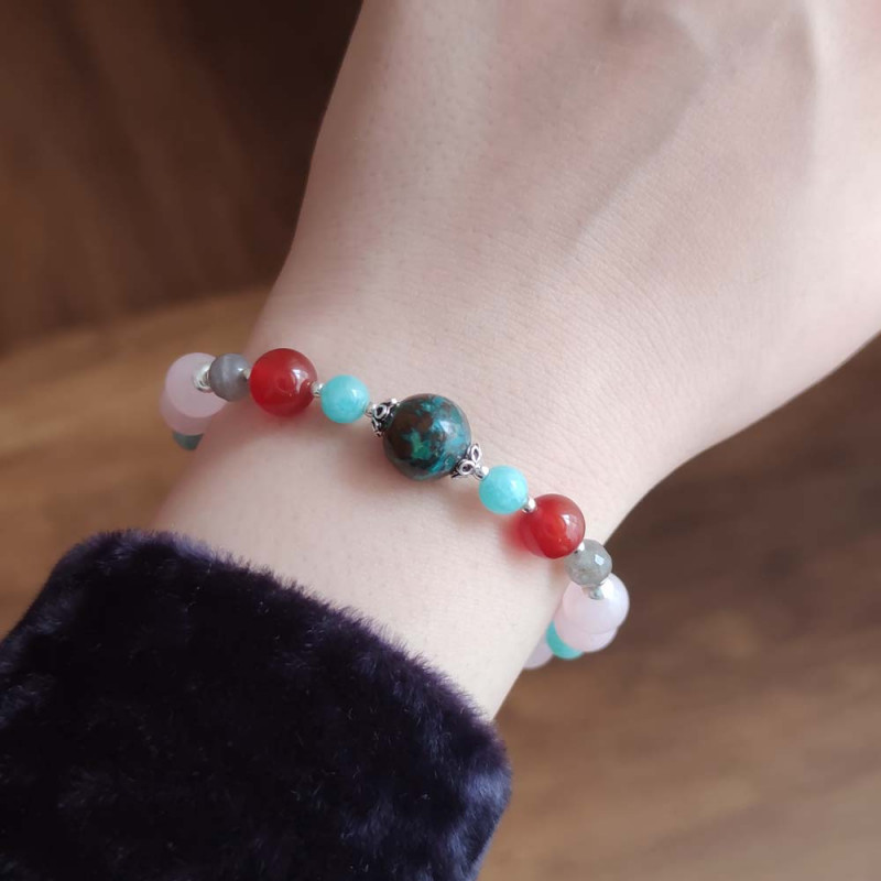 Multi Stone Bracelet , 8mm Rose Quartz , Amazonite ,  Red Agate , Labradorite & Chrysocolla Stones Bracelet