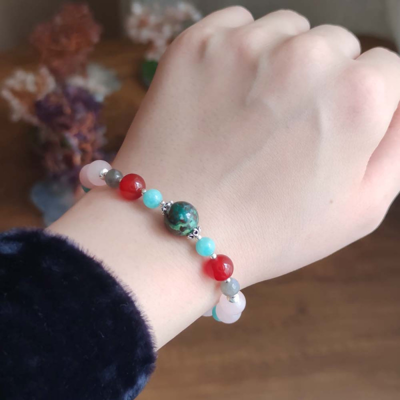 Multi Stone Bracelet , 8mm Rose Quartz , Amazonite ,  Red Agate , Labradorite & Chrysocolla Stones Bracelet