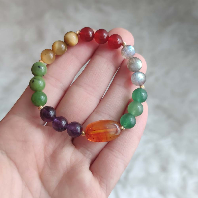 Seven Chakras Bracelet , Red Agate , Jade Stone , Amethyst , Amber , Labradorite , Green Agate , Tiger Eye