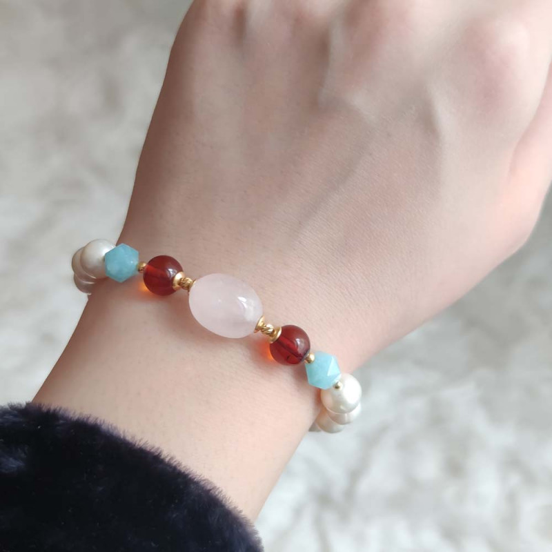 Multi Stone Bracelet , 8mm Pearl , Blue Quartz , Amber & Rose Quartz Bracelet