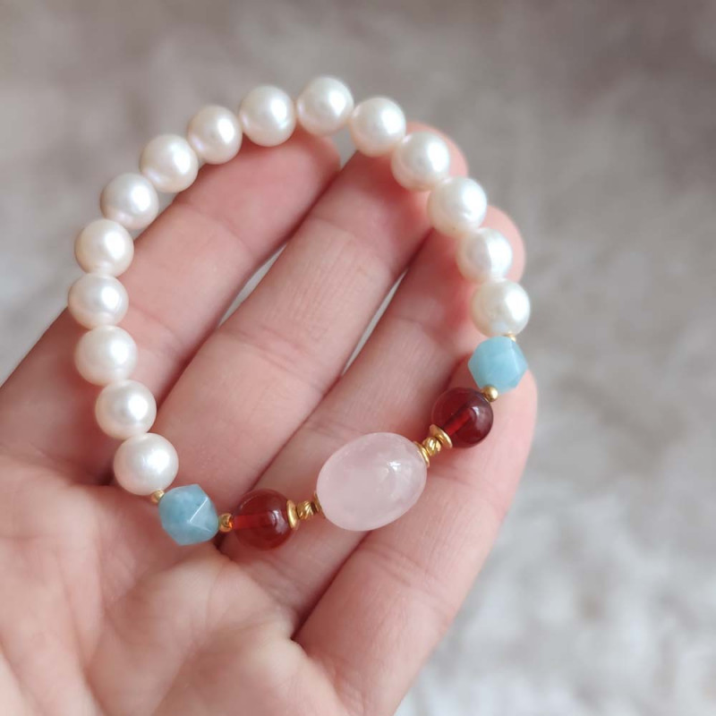 Multi Stone Bracelet , 8mm Pearl , Blue Quartz , Amber & Rose Quartz Bracelet