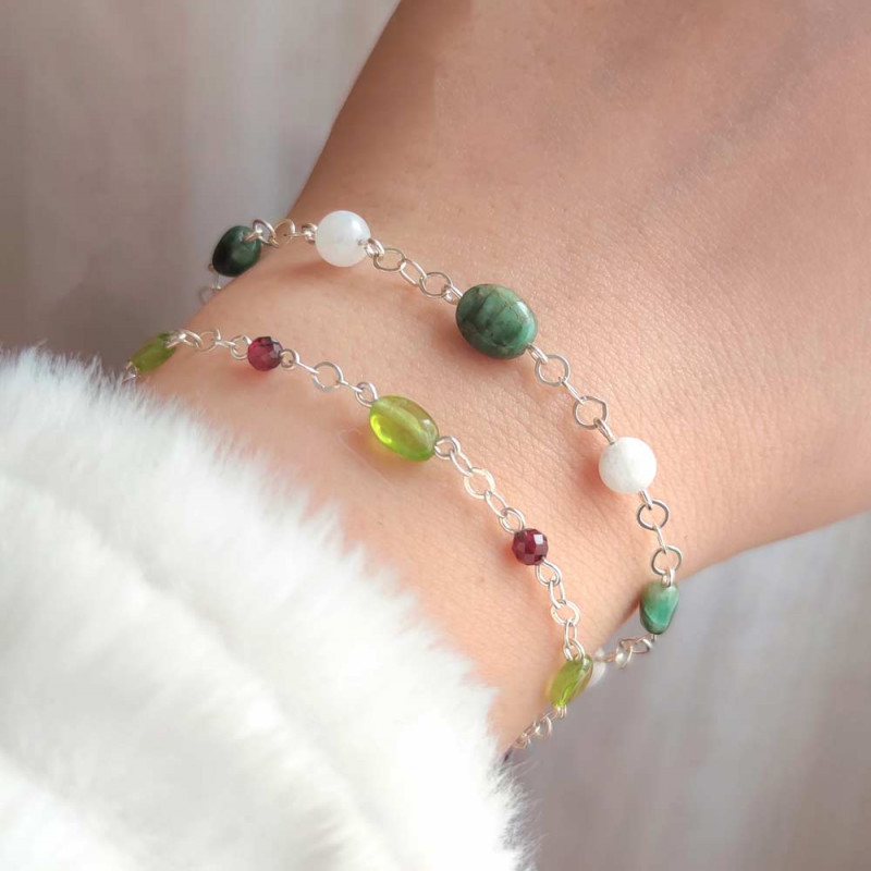 925 Silver Rare Emerald & Moonstone Bracelet