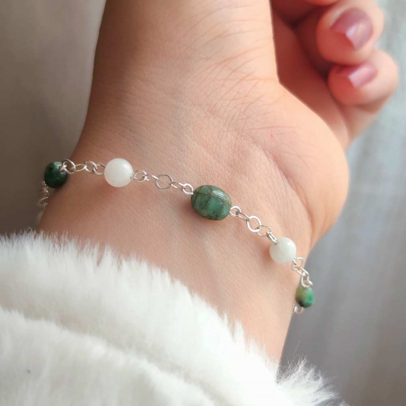 925 Silver Rare Emerald & Moonstone Bracelet