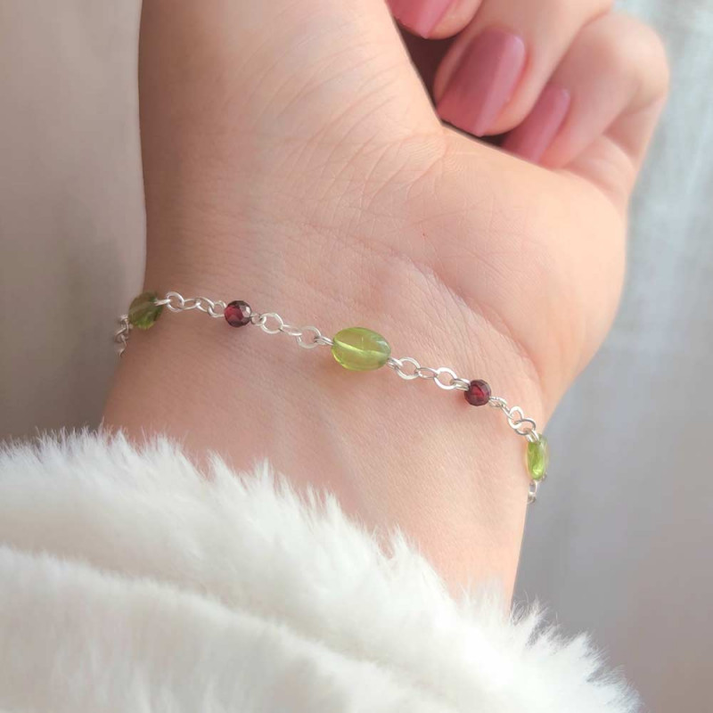 Multi Stone Bracelet , 925 Sterilng Silver Natural Peridot Stone & Garnet Stones Bracelet - No: BR0300