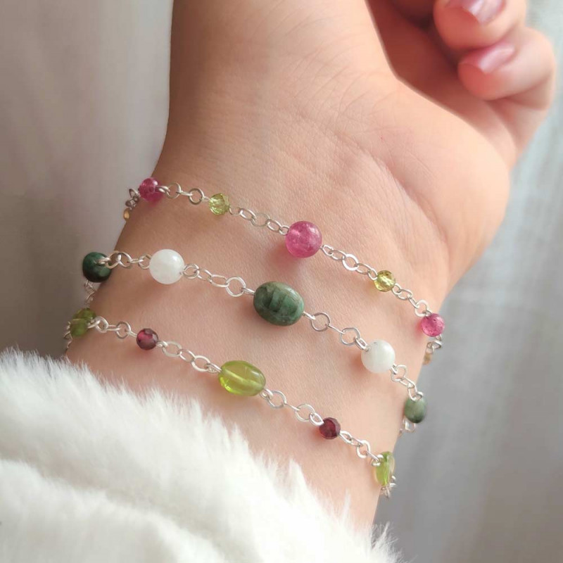 Multi Stone Bracelet , 925 Sterilng Silver Natural Peridot Stone & Garnet Stones Bracelet - No: BR0300