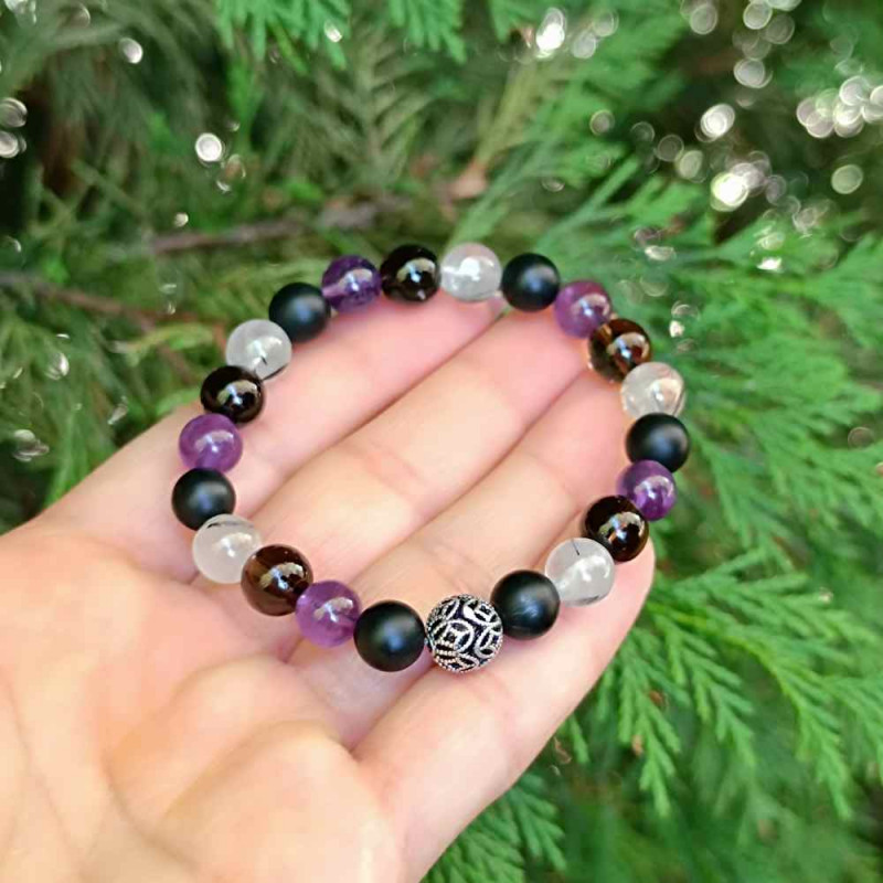 Multi Stone Bracelet , 8mm Black Onyx , Amethyst , Rutileated Quartz & Smoky Quartz Stone Bracelet