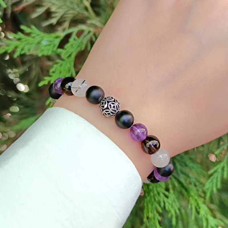 Multi Stone Bracelet , 8mm Black Onyx , Amethyst , Rutileated Quartz & Smoky Quartz Stone Bracelet