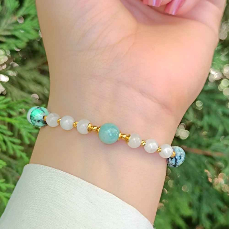 Multi Stone Bracelet , 8mm Variscite , Moonstone & Amazonite Stones Bracelet - No: BR0101