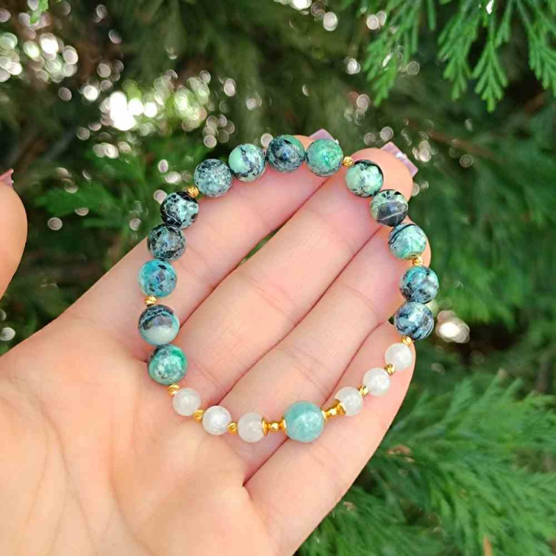 Multi Stone Bracelet , 8mm Variscite , Moonstone & Amazonite Stones Bracelet - No: BR0101