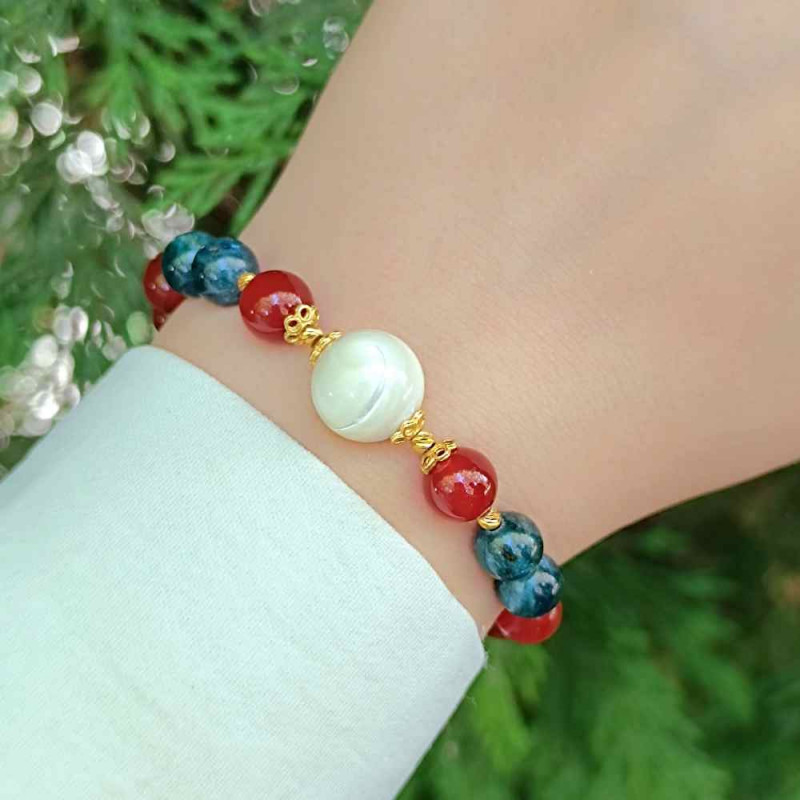 Multi Stone Bracelet , 8mm Red Agate , Blue Apatite & Mother Of Pearl Bracelet