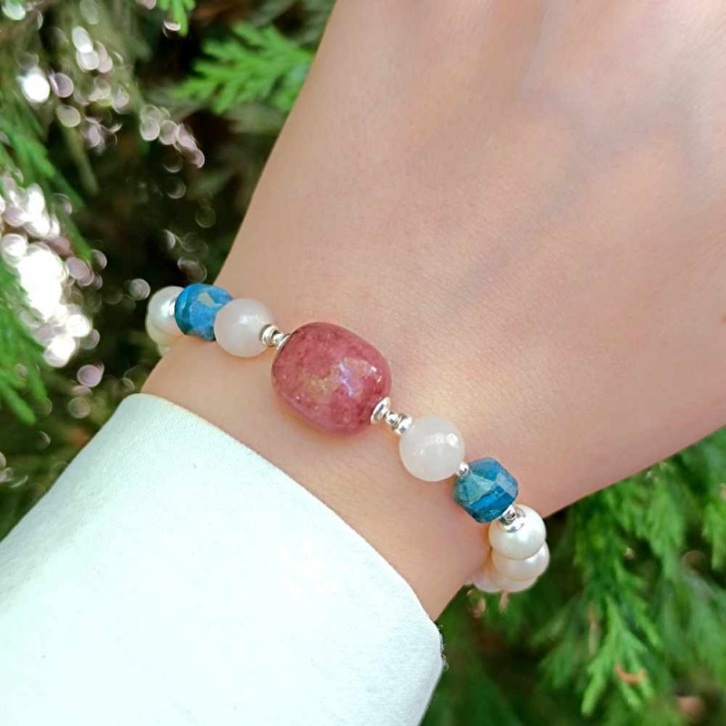 Multi Stone Bracelet , White Pearl , Blue Apatite , Moonstone & Strawberry Quartz Stones Bracelet   