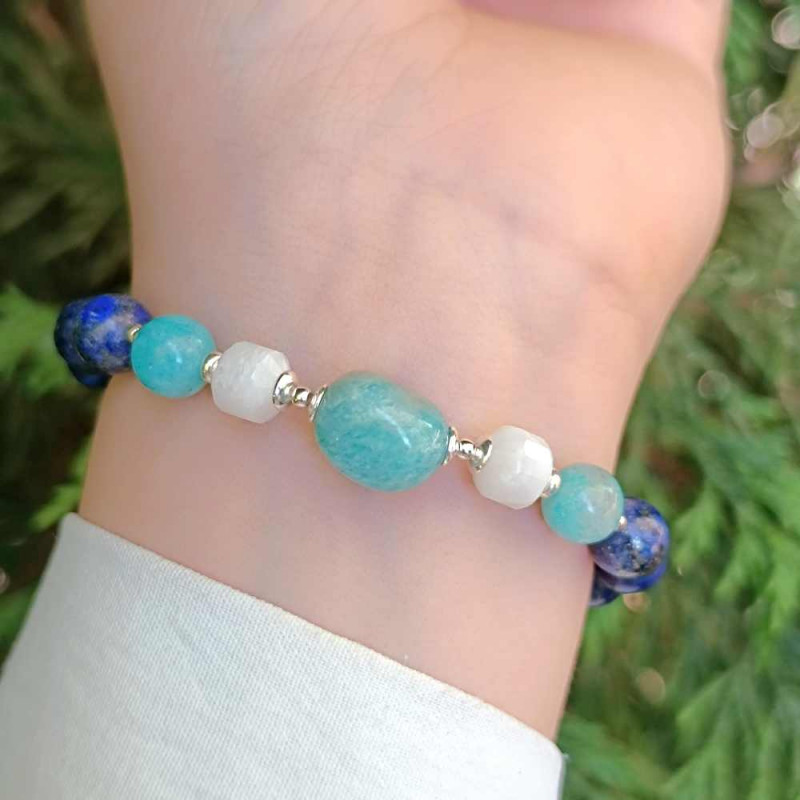 Multi Stone Bracelet , 8mm Lapis Lazuli , Amazonite & Moonstone Bracelet