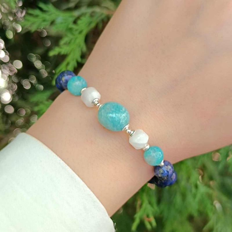 Multi Stone Bracelet , 8mm Lapis Lazuli , Amazonite & Moonstone Bracelet