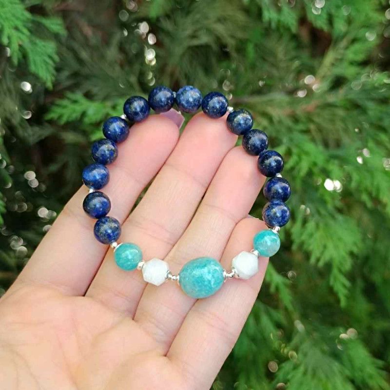 Multi Stone Bracelet , 8mm Lapis Lazuli , Amazonite & Moonstone Bracelet