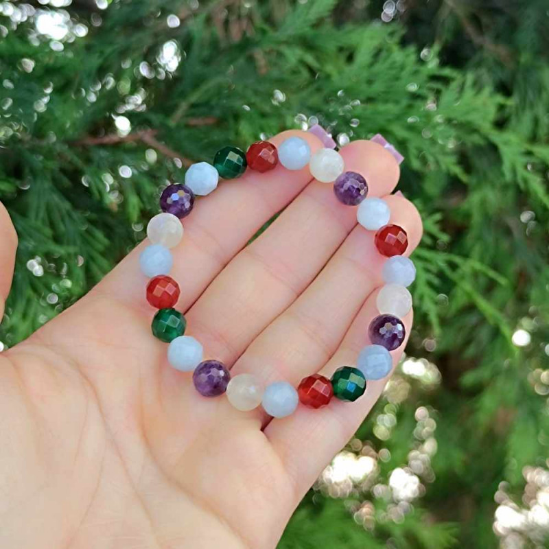 Multi Stone Bracelet , 8mm Aquamarine , Amethyst , Red And Green Agate & Moonstone Bracelet