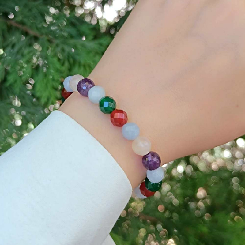 Multi Stone Bracelet , 8mm Aquamarine , Amethyst , Red And Green Agate & Moonstone Bracelet