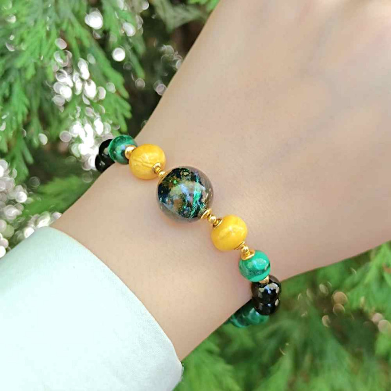 Multi Stone Bracelet , 8mm Malachite , Amber & Azurite Malachite Stone bracelet