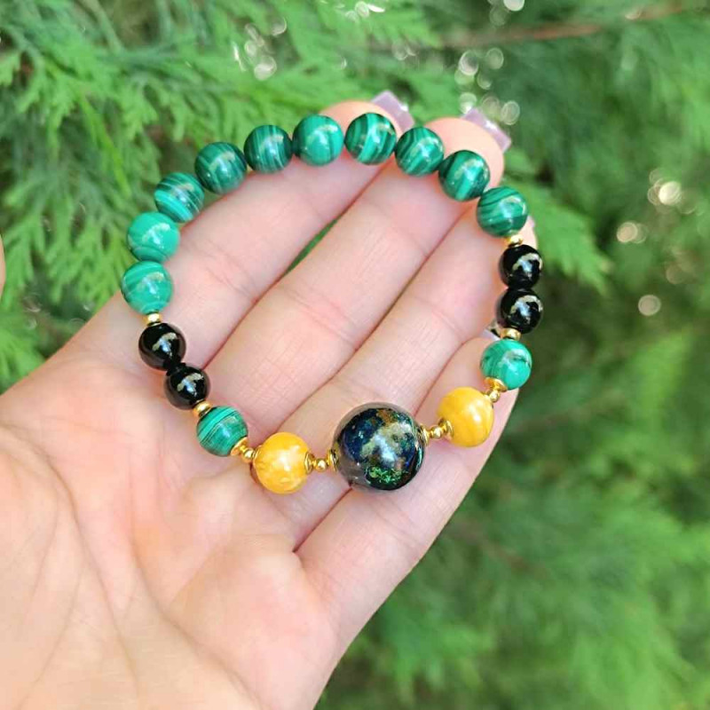 Multi Stone Bracelet , 8mm Malachite , Amber & Azurite Malachite Stone bracelet