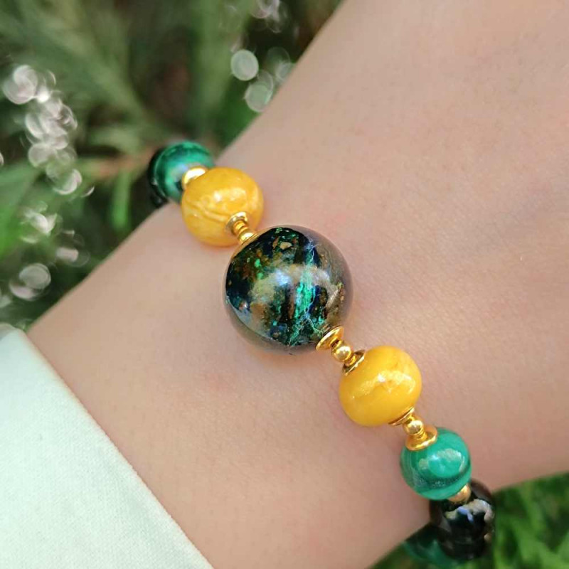 Multi Stone Bracelet , 8mm Malachite , Amber & Azurite Malachite Stone bracelet