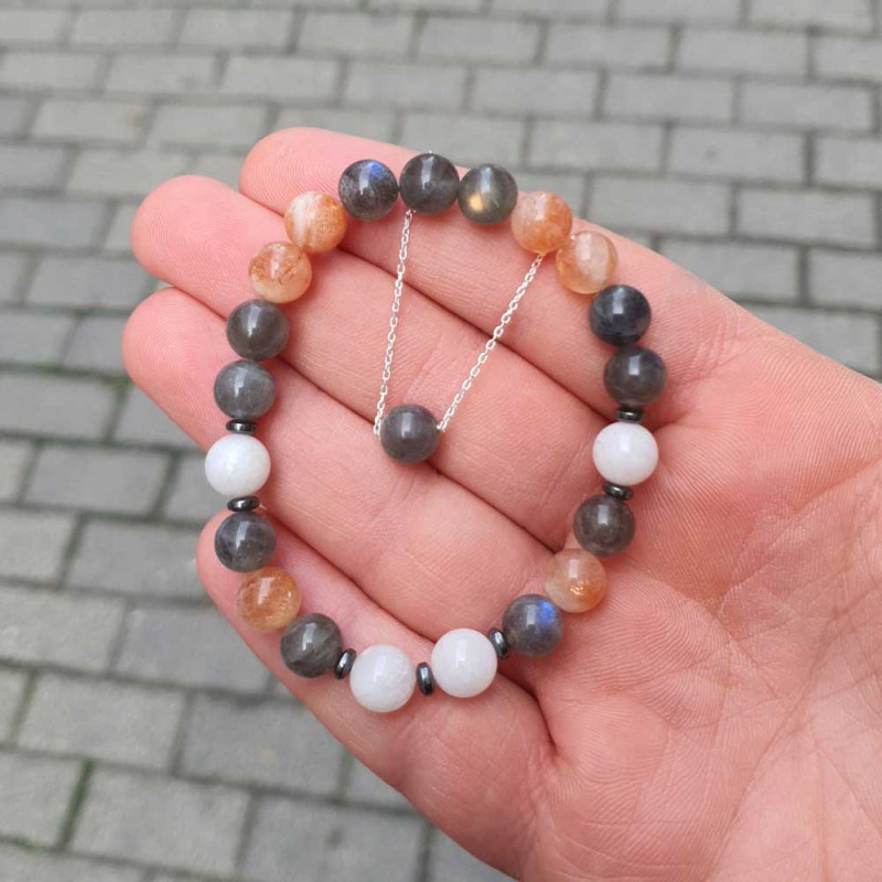 Multi Stone Set , 8mm Moonstone , Labradorite & Sun Stone Stone Bracelet + 8 mm Labradorite Necklace