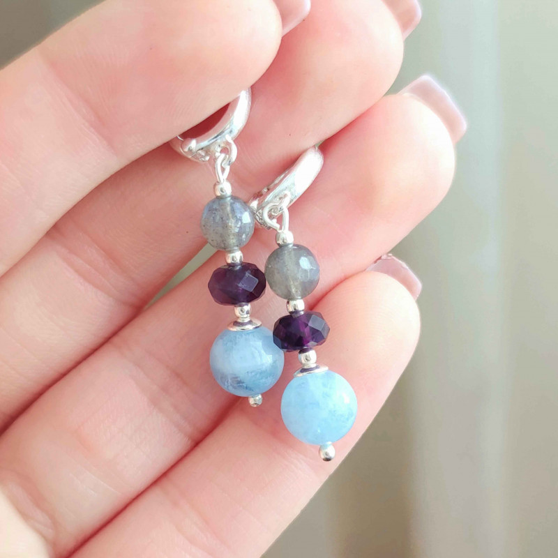 Multi Stone Earring, Aquamarine , Labradorite & Amethyst Earring