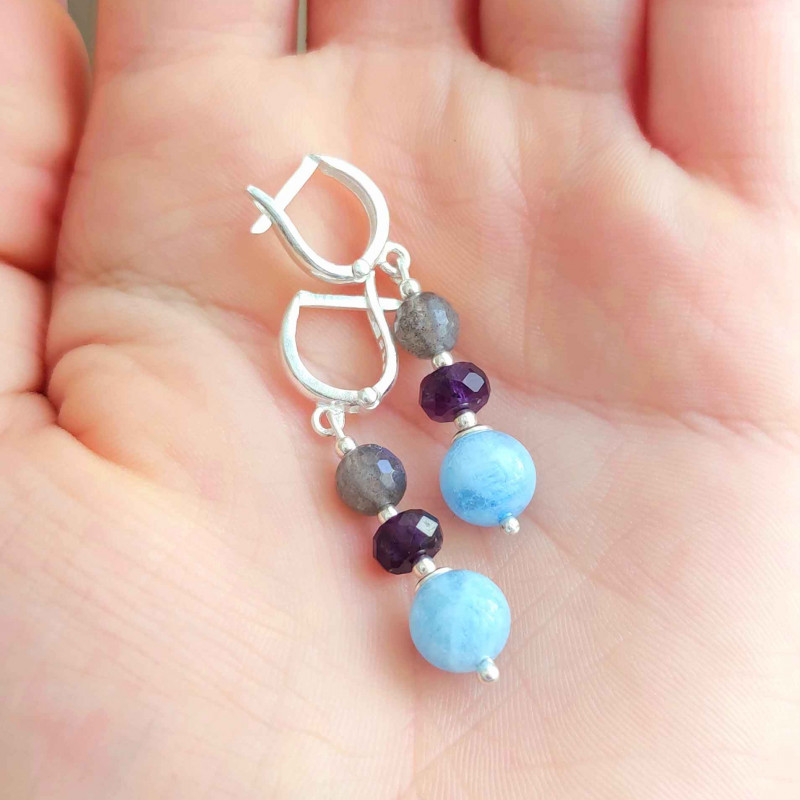 Multi Stone Earring, Aquamarine , Labradorite & Amethyst Earring