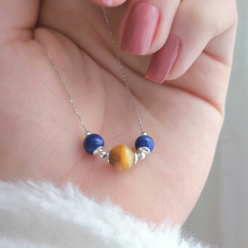 925 Silver Natural Tiger Eye & Lapis Lazuli Pendant - Couple Stone