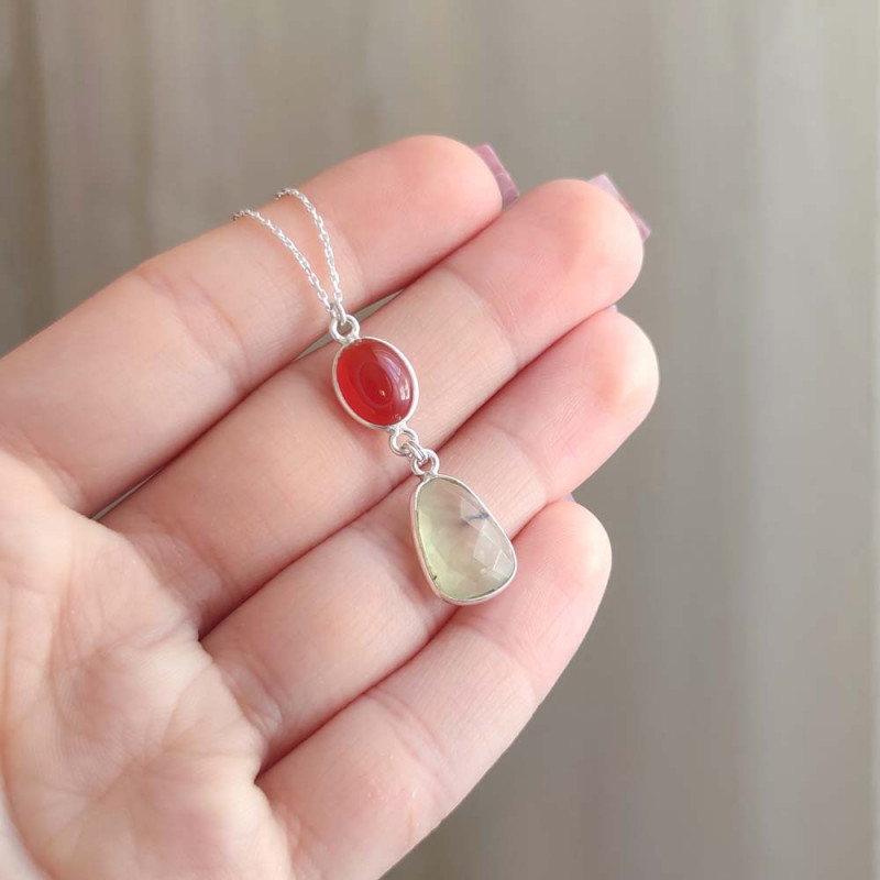 Multi Stone Pendant , 925 Silver Natural Red & Prehnite Stone Pendant