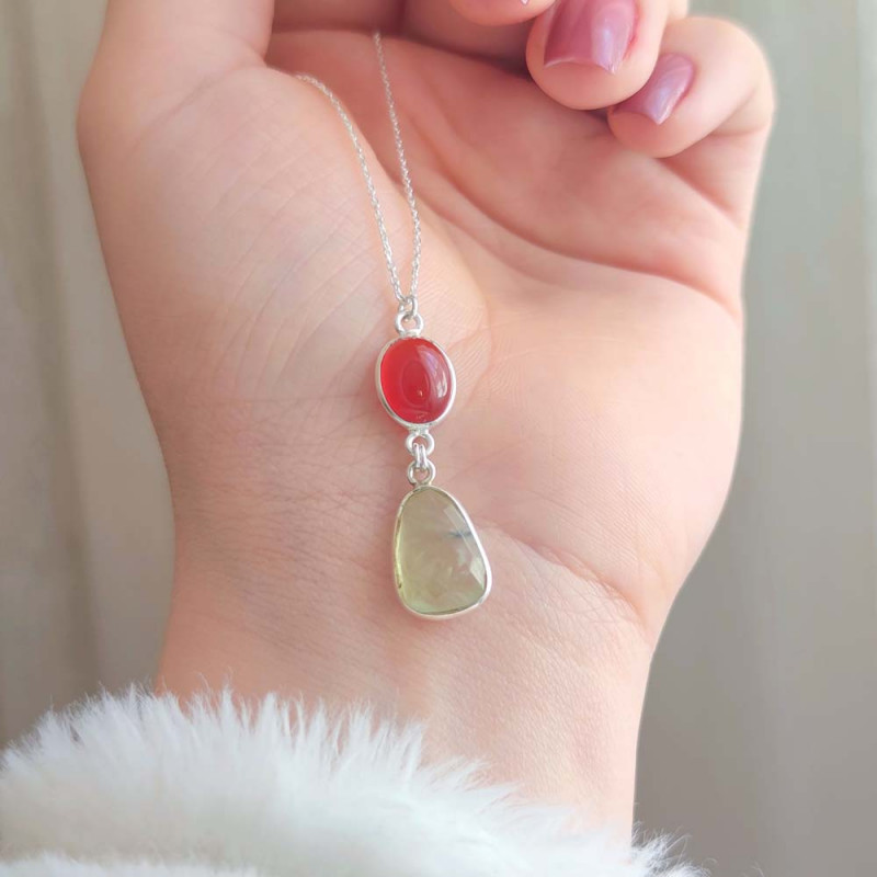 Multi Stone Pendant , 925 Silver Natural Red & Prehnite Stone Pendant