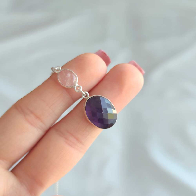 925 Sterling Silver Amethyst & Rose Quartz Stone Pendant - Raw Shape