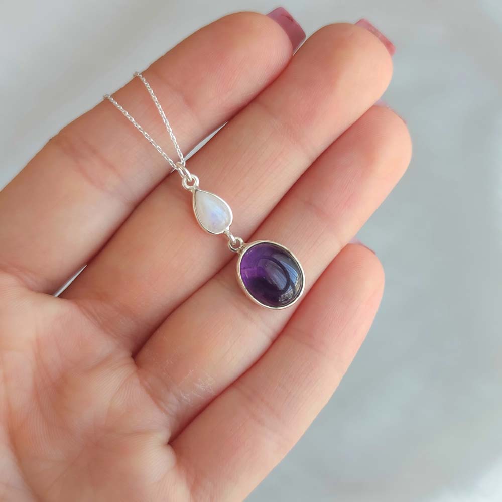 925 Sterling Silver Amethyst & Moonstone Stone Pendant